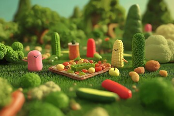 Poster - A playful 3D scene of animated food characters having a picnic