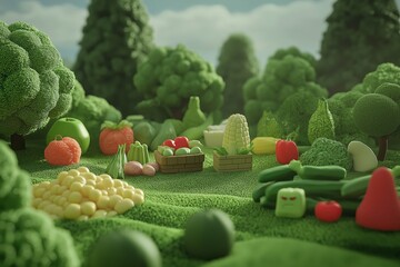 Poster - A playful 3D scene of animated food characters having a picnic