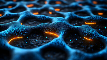 Poster - Abstract Blue and Orange Cellular Structure with Glowing Particles