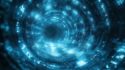 Poster - Abstract Blue Luminous Vortex with Glowing Particles and Circular Patterns