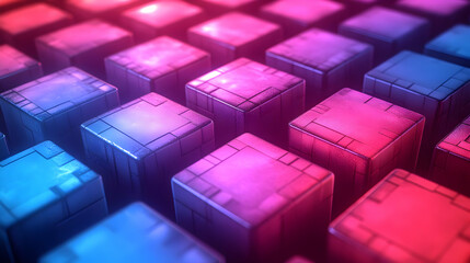 Poster - Abstract 3D rendering of glowing geometric cubes, vibrant pink and blue hues, technology and data concept