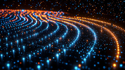 Poster - Abstract background with glowing blue and orange wave particles. Digital art, technology, energy, data concept.  Futuristic illuminated lines and poin