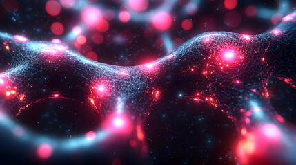 Poster - Abstract background with red and blue glowing particles and bokeh effect.  Dynamic wave of energy and light, perfect for digital art, science fiction