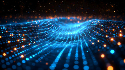 Poster - Abstract Blue and Orange Particle Glow Background. Futuristic Digital Energy Wave.  Dynamic Motion and Connection Theme