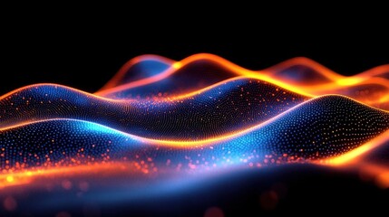 Poster - Abstract Blue and Orange Glowing Waves Background. Digital Energy Flow. Glowing Particles Texture