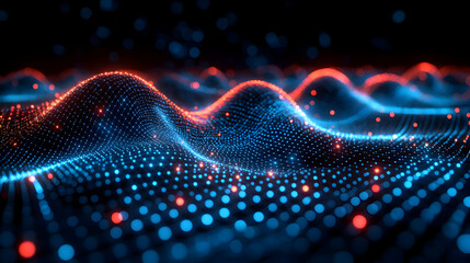 Poster - Abstract Blue and Red Glowing Particle Wave Background