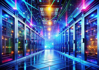 Poster - Futuristic Data Center: Double Exposure of Server Racks and Circuitry