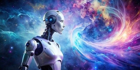 Poster - Futuristic White Robot Double Exposure Stock Photo - Abstract Technology Background