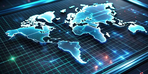 Poster - Futuristic World Map Holographic Display on Sleek Tech Panel - Stock Photo