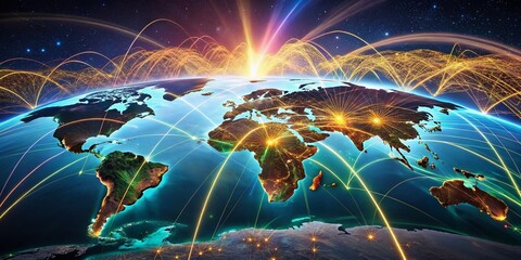 Poster - Global Network Connectivity: Aerial View of Data Flow and Interconnected World