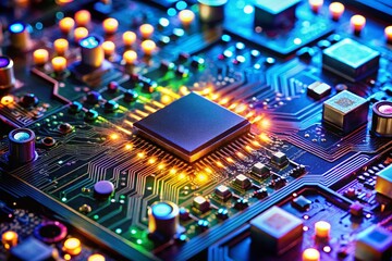 Poster - glowing circuit board close-up: advanced technology & microchip design
