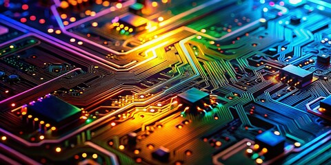 Poster - glowing circuit board macro: panoramic view of complex electronic pathways