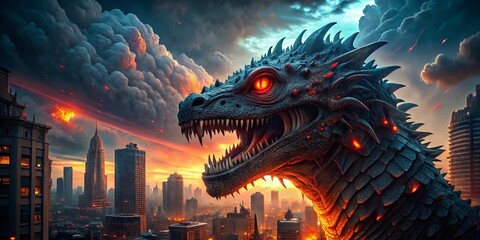 Poster - Glowing Eyes of a Giant Monster in a City at Night - Stock Photo