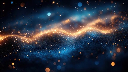 Poster - Abstract Blue and Gold Glitter Wave Background with Sparkling Particles