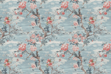 Poster - floral toile tapestry pattern. vintage japanese botanical wallpaper pattern. background image. creat