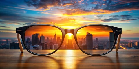 Poster - Business Startup: Rounded Glasses on Black Desk - Double Exposure Stock Photo