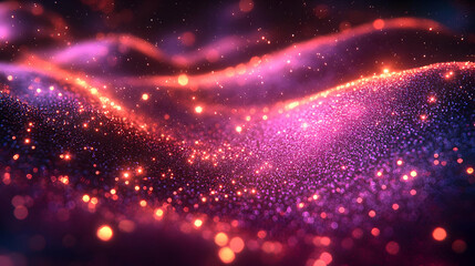 Poster - Abstract background with vibrant glowing particles and dynamic wave motion. Shimmering glitter and sparkle create a festive and energetic atmosphere,