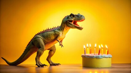 Wall Mural - Joyful Dinosaur Birthday Celebration: Long Exposure Photo of a Happy Dino with Birthday Cake and Candles on Yellow