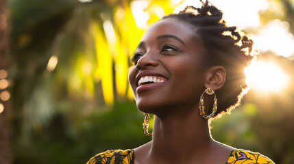 Wall Mural - African woman with joyful expression in sunset lighting. Ideal for lifestyle content, cultural celebration, or positive representation.