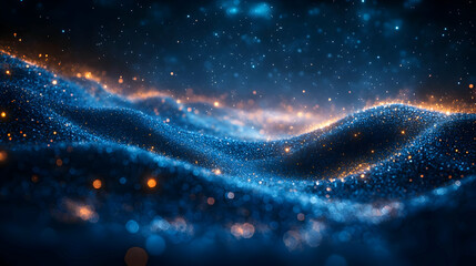 Poster - Abstract Blue and Orange Particle Wave Background. Glowing energy particles in dark cosmic night space. Digital art illustration. Futuristic design fo
