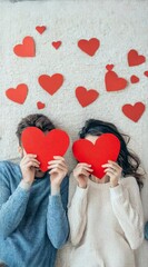 Poster - Young couple is lying down on a carpet, holding big red paper hearts covering their faces, surrounded by small red hearts, celebrating valentine's day