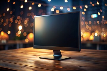 Poster - Low Light Office Desk: Modern Black Screen Computer Monitor Stock Photo