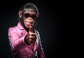 Wall Mural - chimpanzee in a stylish pink leather jacket and sunglasses, making a thumbs-up gesture with a confid