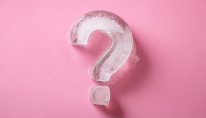 Poster - Question mark made of ice. FAQ and QA. Problem solution. Pink backdrop.