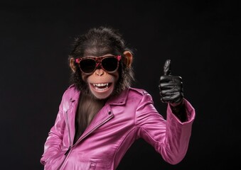 Wall Mural - chimpanzee in a bright pink leather jacket and sunglasses, giving a thumbs-up gesture with a cheerfu