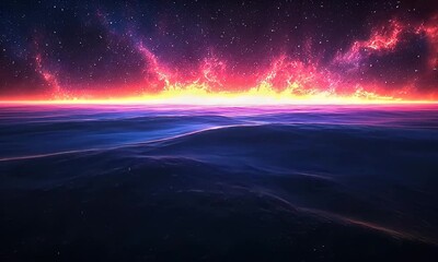 Wall Mural - A stunning cosmic landscape featuring a vibrant horizon and a starry sky above a tranquil ocean surface.
