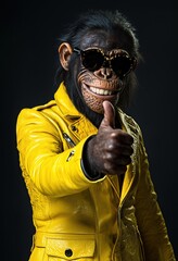 Wall Mural - chimpanzee wearing a bright yellow leather jacket and stylish sunglasses, showing a thumbs-up gestur