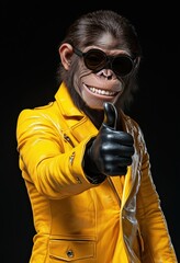 Wall Mural - chimpanzee wearing a bright yellow leather jacket and stylish sunglasses, showing a thumbs-up gestur