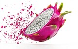 A slice of dragon fruit levitating mid-motion, its vibrant pink skin and speckled white flesh contrasting on a bright white background