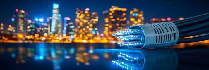 Poster - Fiber Optic Cables, City Lights, Network Connection, Technology, Digital Infrastructure