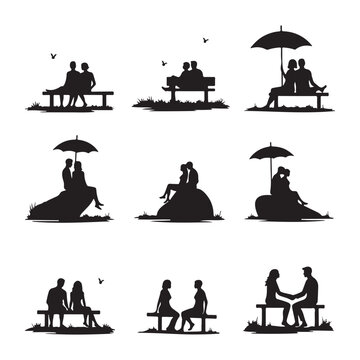 Couples sitting and cuddling Silhouette of a couple sitting nearby People sitting on stools and tall chairs Business team couple Valentine's Day