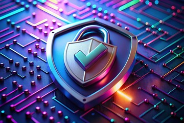 Poster - Macro Cyber Security Shield: 3D Rendered Lock & Checkmark for Digital Protection
