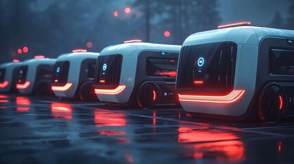 Poster - Autonomous vehicle charging stations with rapid energy transfer for fleet optimization Stock Photo with side copy space