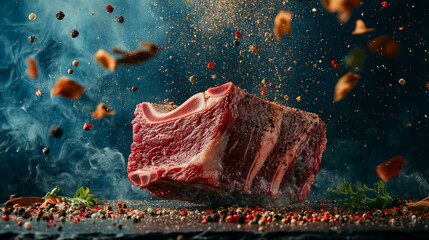 Wall Mural - Fresh raw meat with spices and herbs on a dark background