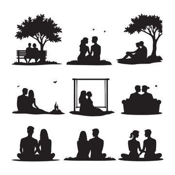 Couples sitting and cuddling Silhouette of a couple sitting nearby People sitting on stools and tall chairs Business team couple Valentine's Day