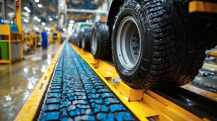 Poster - Eco-friendly automotive tire production emphasizing low rolling resistance for fuel efficiency Stock Photo with side copy space