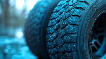 Poster - Eco-friendly automotive tire production emphasizing low rolling resistance for fuel efficiency Stock Photo with side copy space