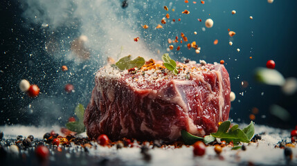 Wall Mural - Fresh beef steak with herbs, salt, and spices on a dark background