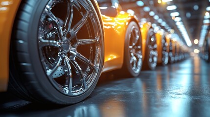 Poster - Advanced vehicle components such as lightweight alloy wheels displayed in a professional automotive showroom Stock Photo with side copy space