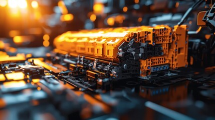 Poster - Advanced vehicle components such as lithium-ion batteries optimized for extended range in electric vehicles Stock Photo with side copy space