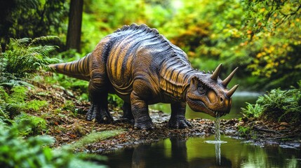 Wall Mural - Realistic Dinosaur Model Amidst a Lush Forest by a Serene Stream.