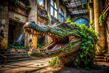 Wall Mural - Abandoned Building, Urban Exploration, Crocodile Head Sculpture, Decaying Structure, Mysterious Artifact