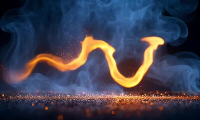 Wall Mural - A dynamic display of swirling orange and blue flames amidst smoke and sparks, creating a mesmerizing visual effect.