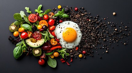 Wall Mural - Fresh vegetable and egg arrangement on dark surface. Generative AI