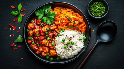 Wall Mural - A vibrant plate features rice, mixed vegetables, and sauce