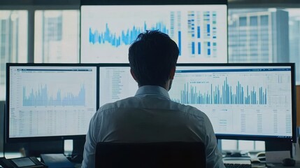 Poster - Business Professional Analyzing Data on Multiple Computer Screens